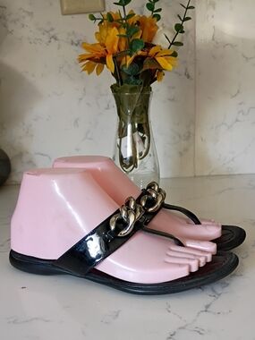 Prada Black Patent Chain-Accent Women's Thong Sandals